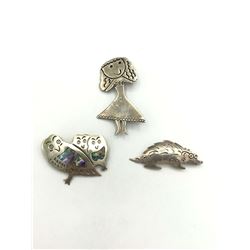 3 STERLING BROOCHES OWL, GIRL, PORCUPINE