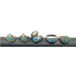5 RINGS W TURQUOISE STONES .925 SZ 8-9