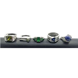 5-SIZE 7 STERLING RINGS W GREEN/BLUE STONES