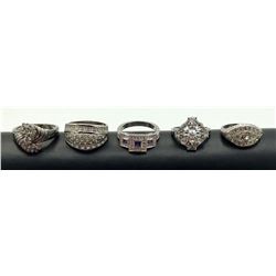 5 ELEGANT STERLING RINGS W CLEAR STONES