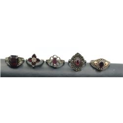 5 STERLING RINGS WITH RED STONES VINTAGE