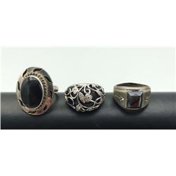 3 BLACK STONE RINGS LARGE STONES STERLING