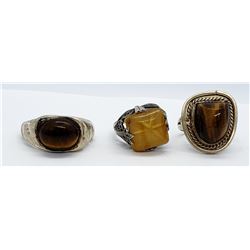 3-VINTAGE STERLING TIGER EYE RINGS