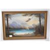 Image 1 : Two framed pastel on paper drawings of mountain lake scenes, large 13" X 25" and smaller 9 1/2" X 15