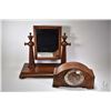 Image 1 : Mahogany framed dresser top swiveling mirror and a Solar wooden mantle clock with key, trying to wor
