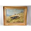 Image 1 : Gilt framed oil on canvas painting of two retrievers, no artist signature seen, 16" X 20"