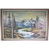 Image 2 : Framed oil on massonite painting of a mountain river scene signed by artist Clary Nelson, 24" X 26"