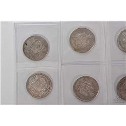 Ten Canadian half dollars including 1943, 1952, 1957, 1958, 1960, 1961, two 1963, 1965 and 1966