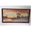 Image 1 : Framed oil on board painting of a lake side cottage scene, no artist signature seen, 12" X 24"