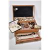 Image 1 : Wooden jewellery box and contents including brooches, earrings, necklaces, musical compact, signed S