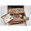Image 2 : Wooden jewellery box and contents including brooches, earrings, necklaces, musical compact, signed S