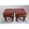 Image 1 : Pair of small mahogany stool with turned supports and embroidered beadwork tops, each 11" in height