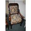 Image 1 : Antique open arm parlour chair with carved claw feet and scroll decorative back with floral tapestry
