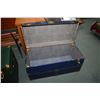 Image 2 : Two vintage steamer trunks, one as found blue metal sans tray and the other painted green
