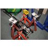 Image 2 : Selection of garage tools including a Sears 3000 lbs. floor jack, four jack stands and a tire storag