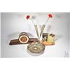 Image 1 : Selection of vintage collectibles including a two branch 14" bud vase, a small bird motif table lamp