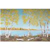 Image 2 : Framed acrylic on board painting labeled on verso " Autumn at the Lake" by artist Donna Jaque (1923-