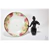 Image 1 : Royal Dux sitting nude figure 7 1/2" and a transferware 10" dish with handpainted enhanced roses
