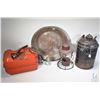 Image 1 : Selection of vintage collectibles including CNR oil lubricant can, a Blitz metal boat fuel tank, an 