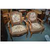 Image 1 : Two French style open arm parlour chairs with carved wood frames and needlework upholstered back and