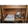 Image 1 : Shelf lot of collectibles including silverplate including three piece tea set, champagne bucket, gob