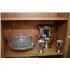 Image 2 : Shelf lot of collectibles including silverplate including three piece tea set, champagne bucket, gob