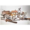 Image 1 : Selection of vintage tools and hardware including wooden planes, vintage adjustable wrenches, augers