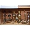 Image 1 : Shelf lot of brass collectibles including vases, goblets, trays, key hanger, candlesticks etc.