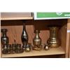 Image 2 : Shelf lot of brass collectibles including vases, goblets, trays, key hanger, candlesticks etc.