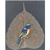 Image 2 : Two original framed artworks including a handpainted on natural Peepal tree leaf bird and a acrylic 