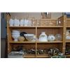 Image 1 : Three shelves of lamps parts including hurricanes, shades, burners, wall brackets, Coleman lantern p