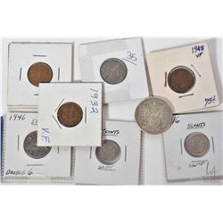 Selection of vintage Canadian coins including 1932, 1944 and 1948 pennies, 1930, 1946 nickels, 1916,