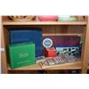 Image 1 : Shelf lot of collectible including a duck t telephone, a Oriental parasol, a large fan, beaded purse