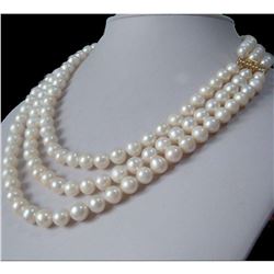 3 Row Strands Natural 9-8mm Akoya White Pearl 18" Necklace