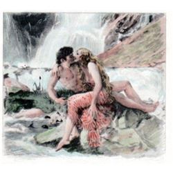 Vintage French Etching, Paul-Emile Becat, Waterfall Lovers