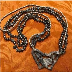 Carved Agate, Silver & Hematite Multi-Strand Butterfly Necklace