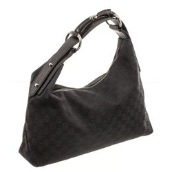 Gucci Black GG Canvas Leather Medium Horsebit Hobo Bag