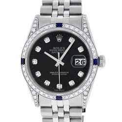 Rolex Mens Stainless Steel Diamond Lugs Black Diamond & Sapphire Datejust Wristw