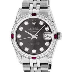 Rolex Womens Midsize 31mm Grey Diamond Lugs & Ruby Datejust Wristwatch