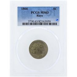 1866 Shield Nickel Coin with Rays PCGS MS63