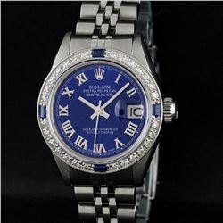 Rolex Ladies Stainless Steel Blue Diamond & Sapphire 18K Gold Bezel Datejust