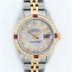 Rolex Ladies 2 Tone 14K Silver Diamond & Ruby Datejust Wristwatch