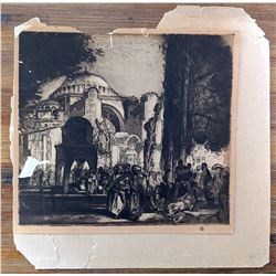 Antique Etching Arab Street Scene (Tears to Top)