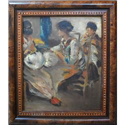 Spanish School Oil with 3 Ladies, Signed