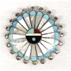 Zuni Sterling Inlay Sun Face Pin Pendant, Wallace