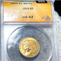1909 $5 Gold Half Eagle ANACS - MS62