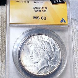 1928-S Silver Peace Dollar ANACS - MS62 VAM-12