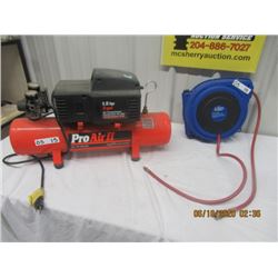 2 items, Pro Air - 1.5 HP 3 Gal Air Compressor & 50' 1/4  Air Hose Reel