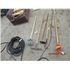 Image 1 : 6 Items - Rubber Garden Hose, Apple Picker, Scuffler, Weed Weasle,Rake & Hoe