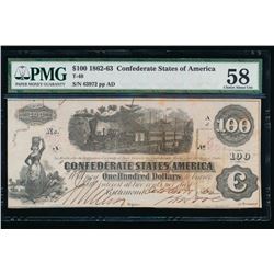 1862-63 $100 Confederate States of America Note PMG 58